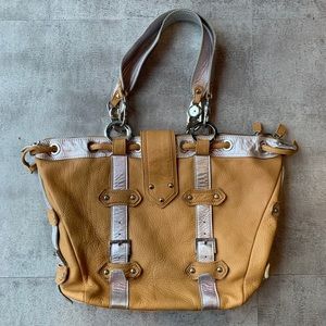 Gustto Spain Tan and Metallic Leather Handbag